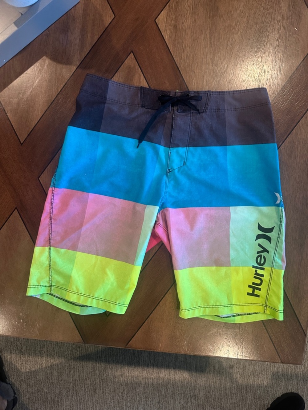 Hurley Striped Colorblock Swim Trunks in Aqua, Pink & Neon Yellow